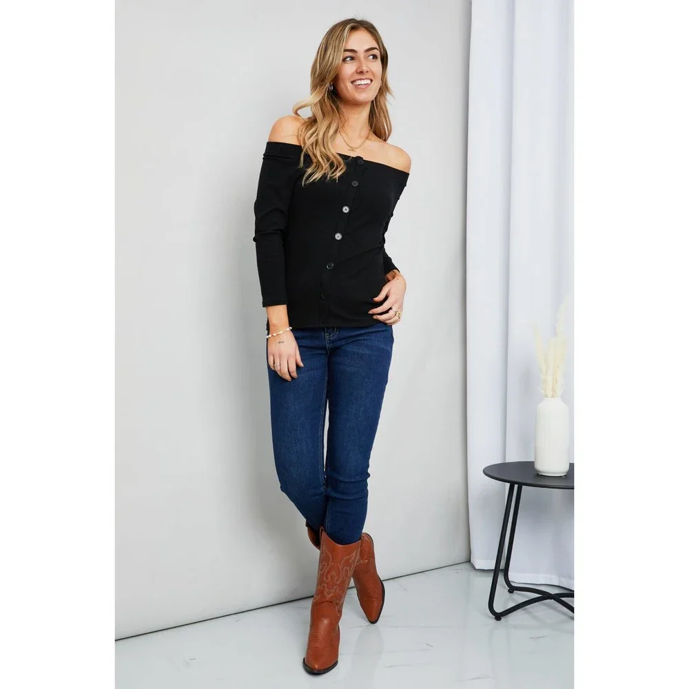Culture Code Buttoned Off-Shoulder Ribbed Top - Picture 6 of 7